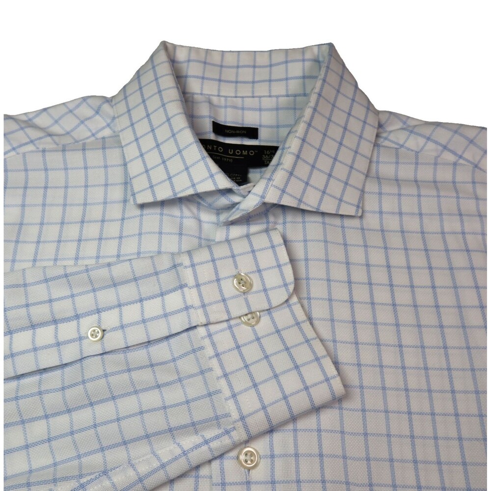 Pronto Uomo Non-Iron Dress Shirt Men’s 16.5 36/37 Tall White & Blue Checked